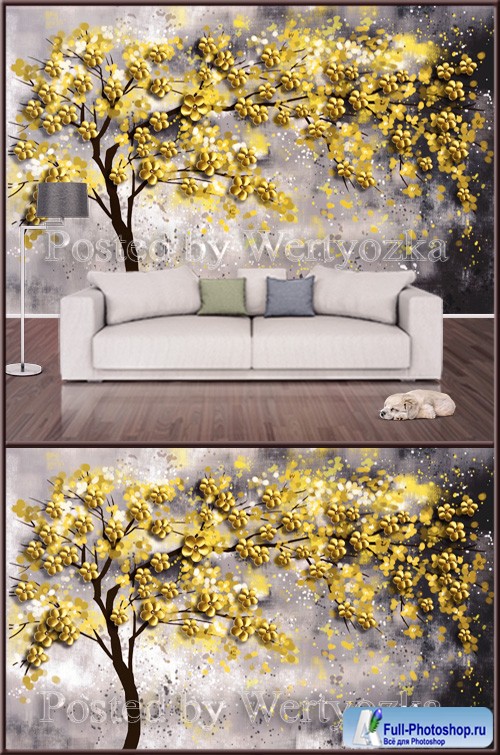 3D psd background wall tree with yellow flowers