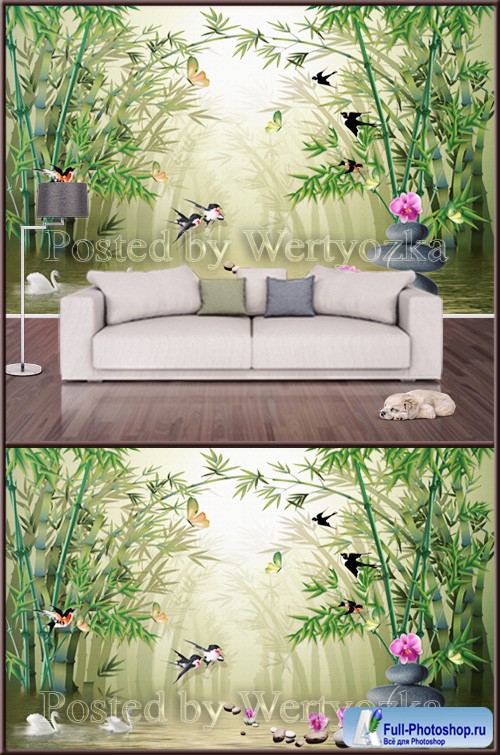 3D psd background wall bamboo spa stones and orchids