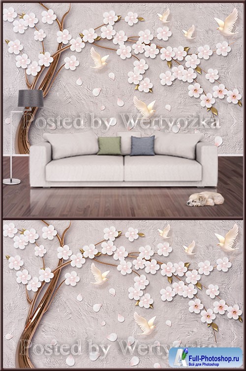 3D psd background wall tree with flowers and birds