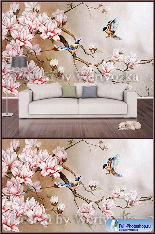 3D psd background wall magnolia and birds