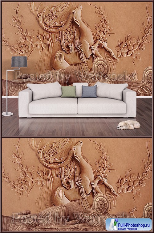 3D psd background wall modern embossed golden elk deer