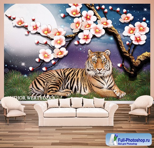 Tiger background wall decors, 3D models template PSD