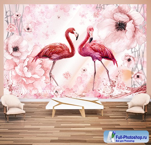 Flamingo background wall decors, 3D models template PSD