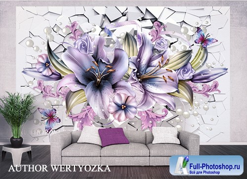 Lilies background wall decors, 3D models template PSD