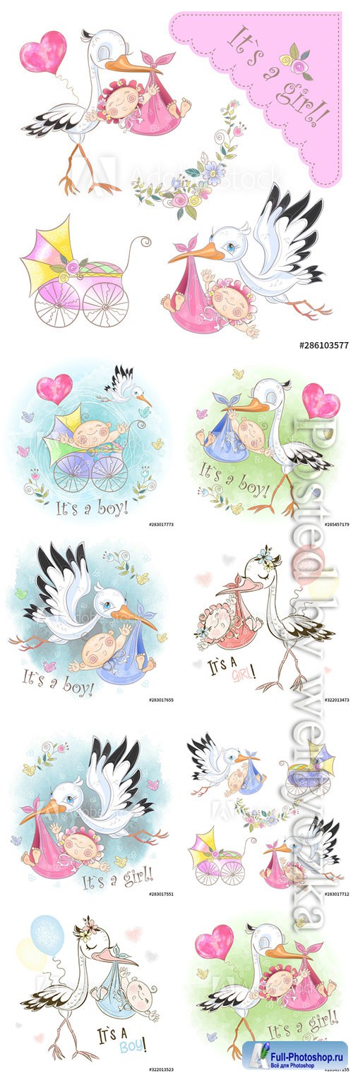 Stork with baby vector illustrations