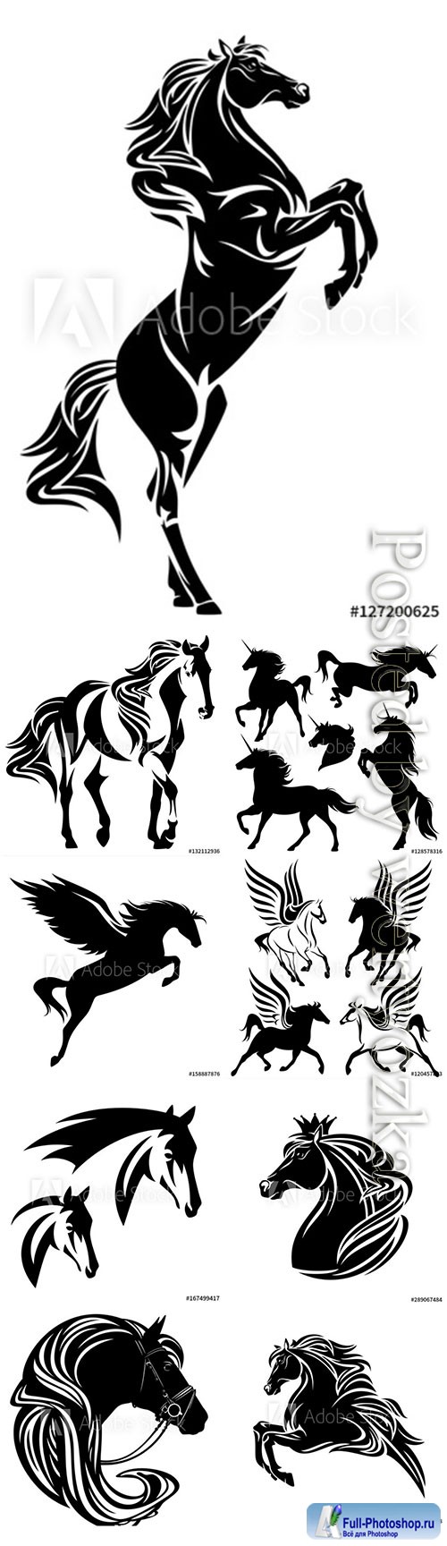 Horses, unicorns and pegasuses in vector