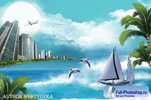 City and Sailboat multilayer PSD source with 3D effect