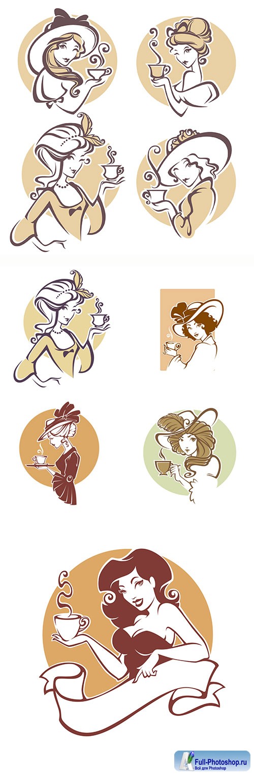 Set of different historical womans with cup of tea, logo for res