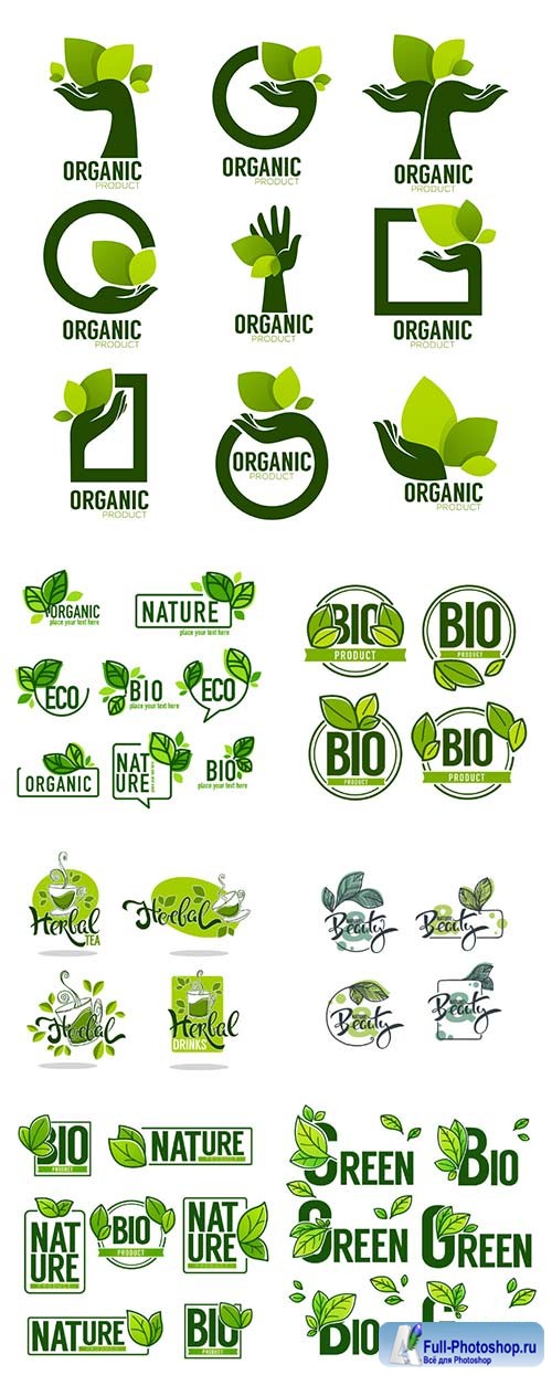 Nature and Bio Product, doodle organic leaves emblems, stickers, 
