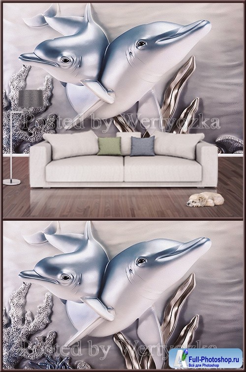 3D psd background wall two dolphins