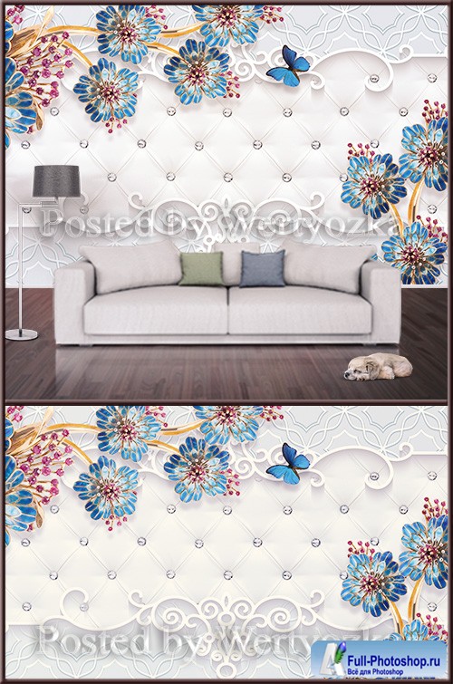 3D psd background wall blue flowers with decorations