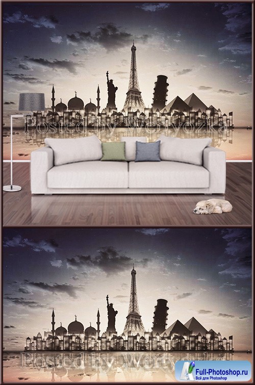3D psd background wall night city