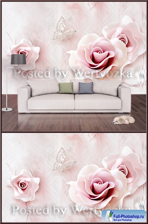 3D psd background wall tender rose and butterflies