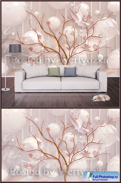 3D psd background wall tree and white pearl balls