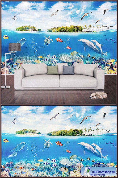 3D psd background wall marine inhabitants and isles