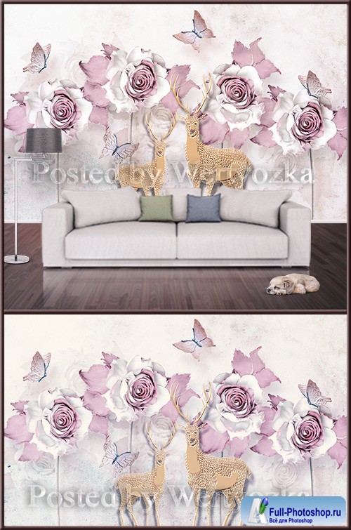 3D psd background wall deer and roses