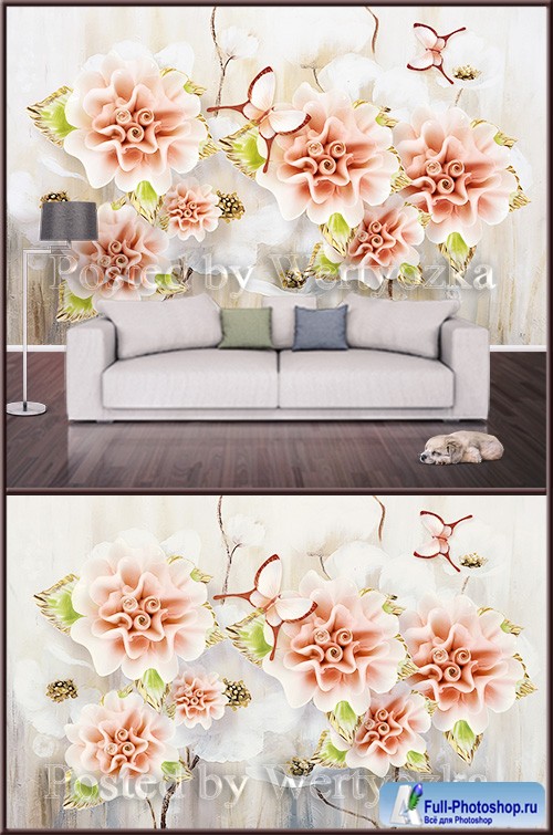 3D psd background wall modern embossed flowers