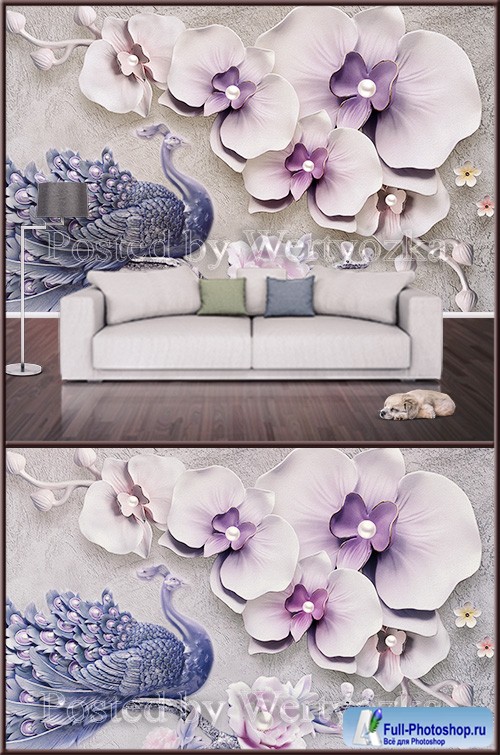 3D psd background wall peacock and orchids