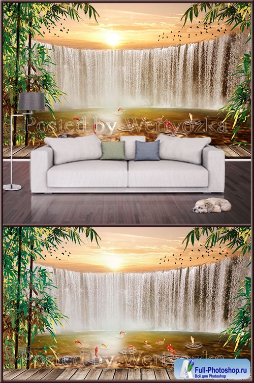 3D TIF background wall waterfall at sunset