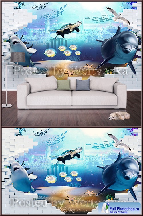 3D psd background wall sea world and dolphins
