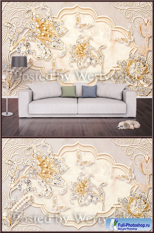 3D psd background wall lilies with diamonds