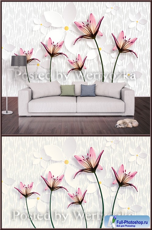 3D psd background wall pink lilies on a light