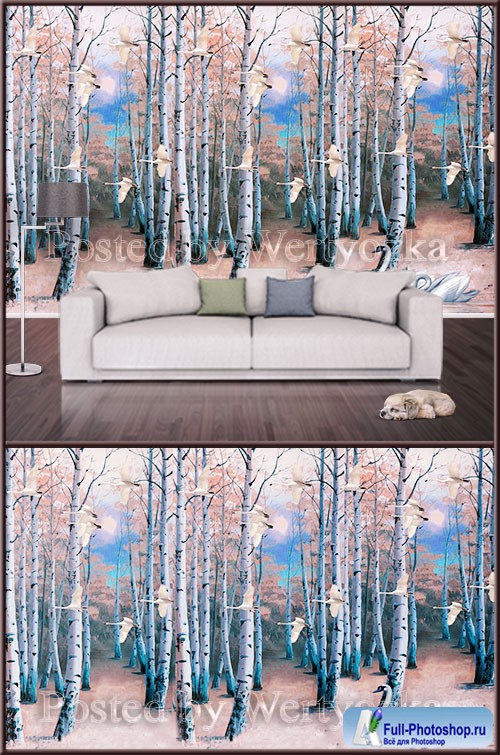 3D psd background wall birch forest