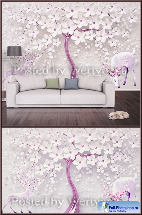 3D psd background wall tree with flowers and deer