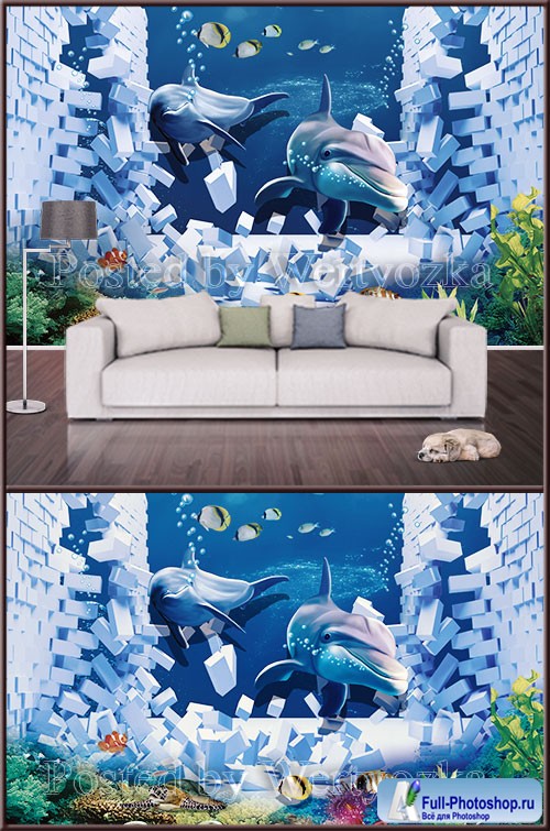 3D psd background wall broken wall and dolphins