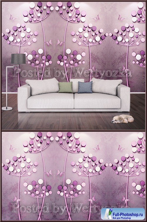 3D psd background wall lilac dandelions and butterflies