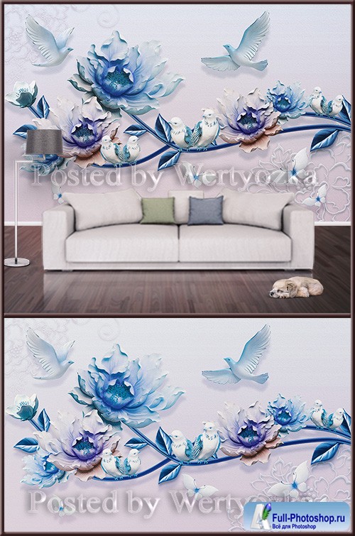 3D psd background wall flowers and pigeons