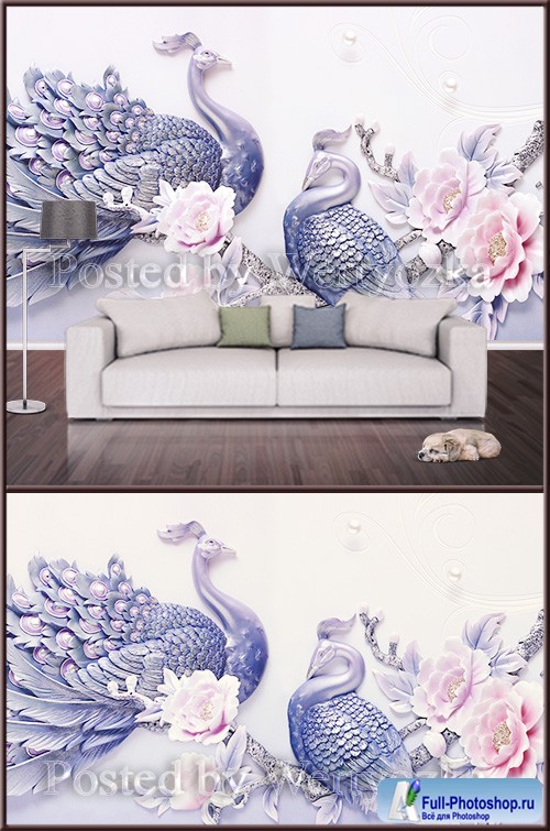 3D psd background wall peacocks and flowers