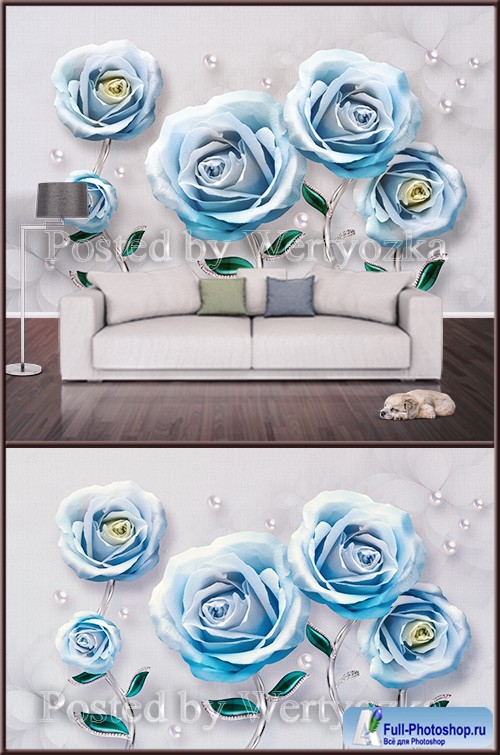 3D psd background wall blue roses