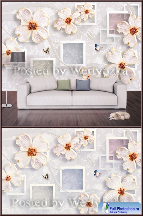 3D psd background wall flowers and butterflies