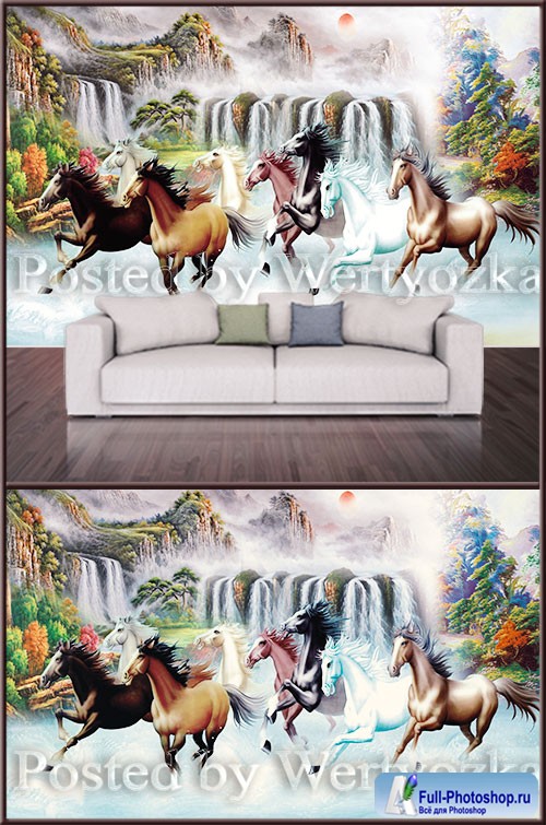 3D background wall horses waterfall