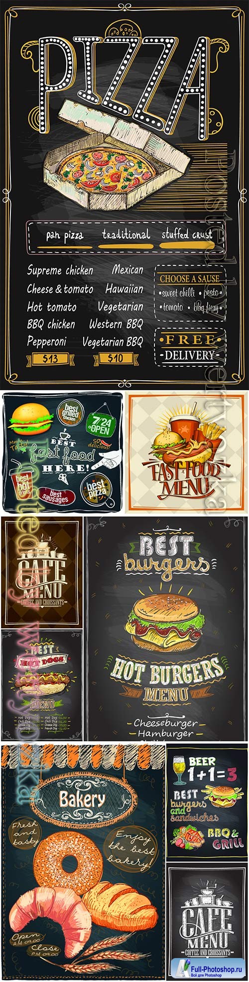 Cafe menu card design, fast food, pizza