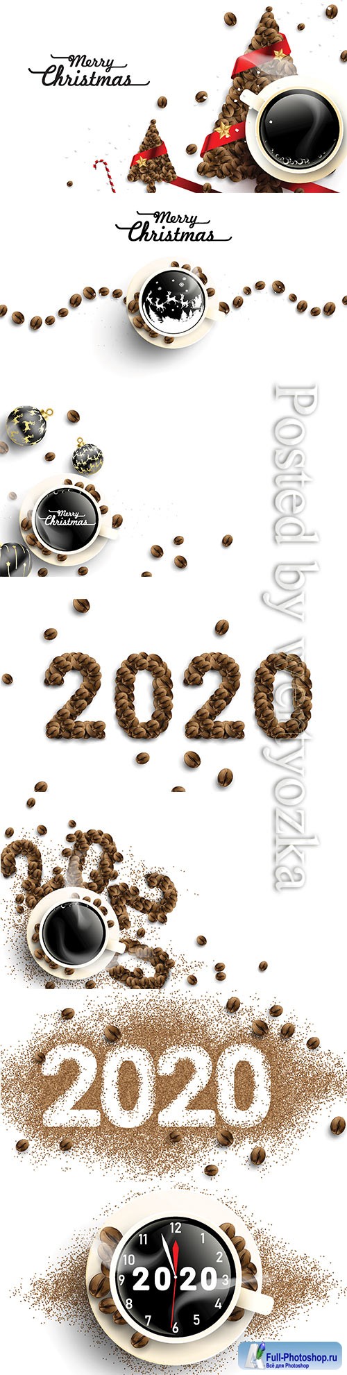 2020 coffee beans text number design, cup of hot coffee with 