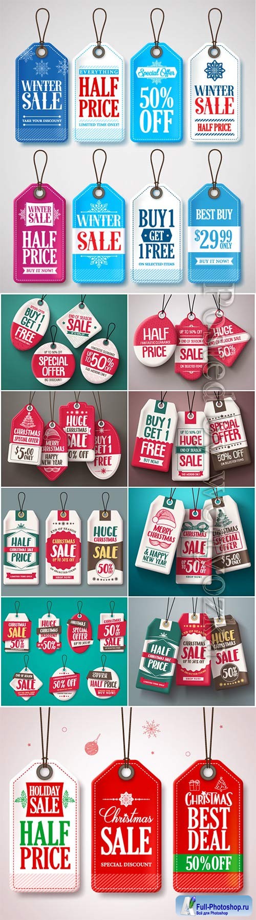 Christmas sale tags vector set with origami paper cut style