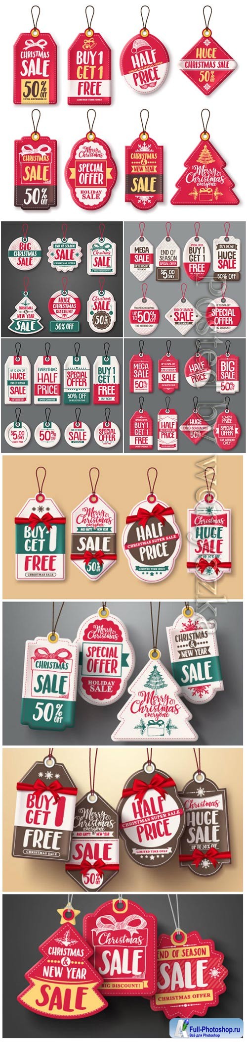 Christmas hanging sale tags vector set in white color with different shapes and greetings