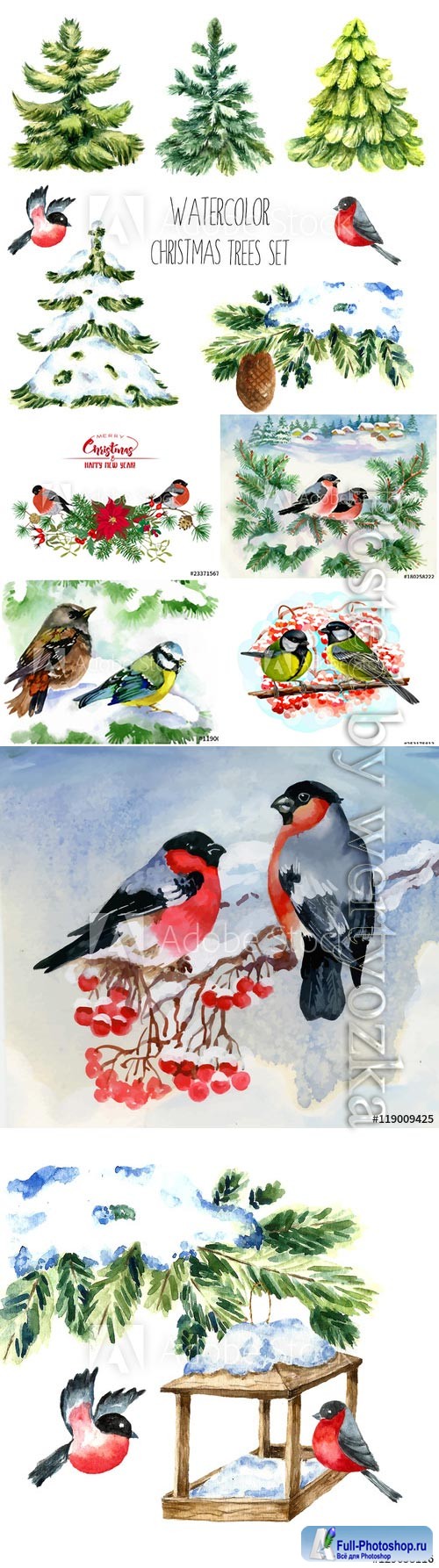 Watercolor christmas trees, birds on snowy tree branch