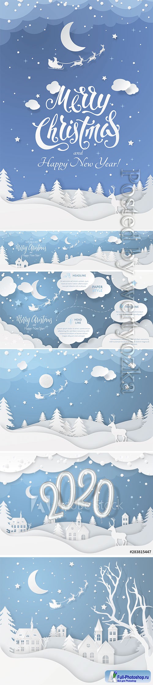 Vector winter night scene with fir trees, houses, moon, deer and realistic 2020 numbers