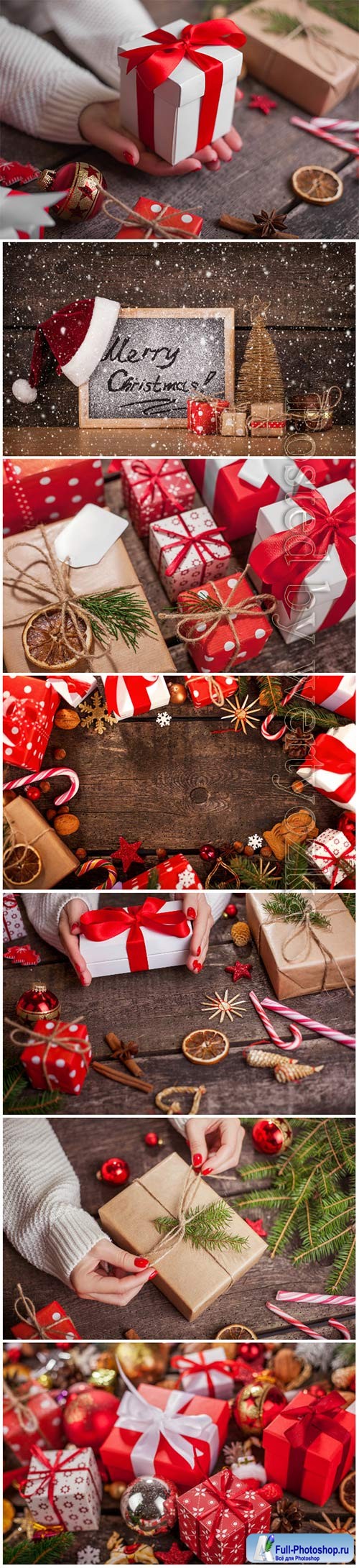 Christmas background with fir branches, candles, gifts and Christmas decorations