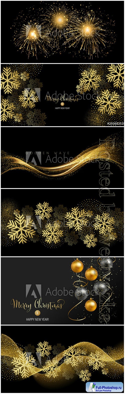 Snowflakes, salutes, Christmas balls on black vector backgrounds