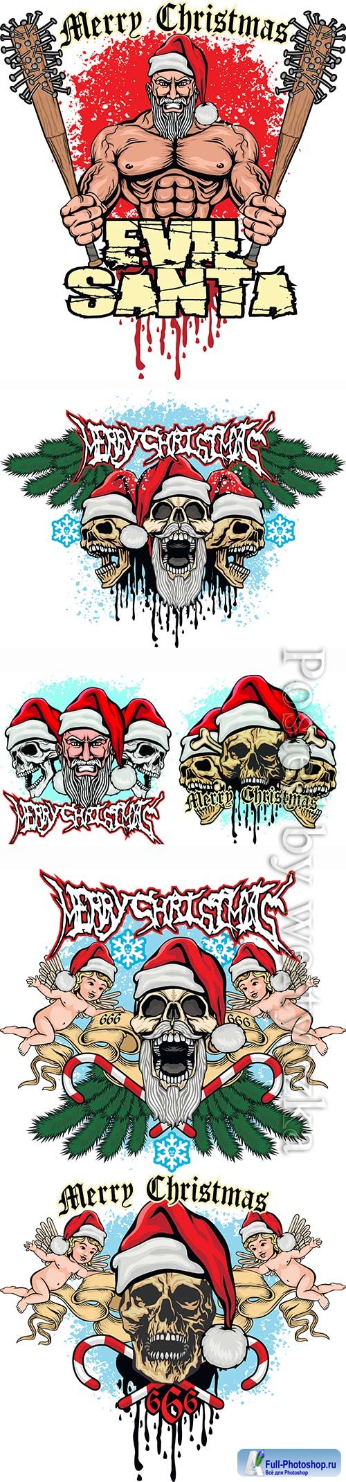 Xmas sign with skull and Santa Claus, grunge vintage design 