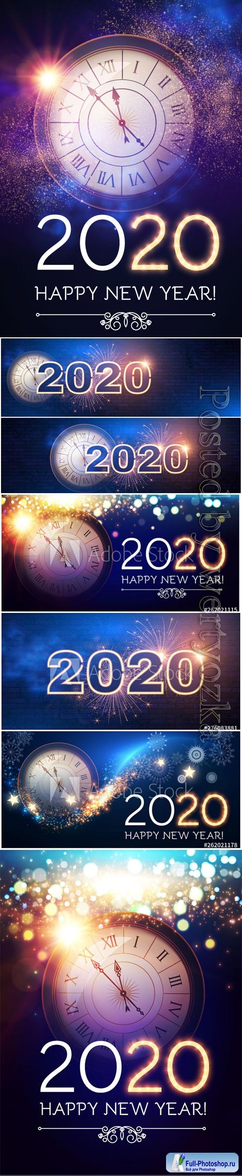 2020 Christmas and New Year vector backgrounds with clock 