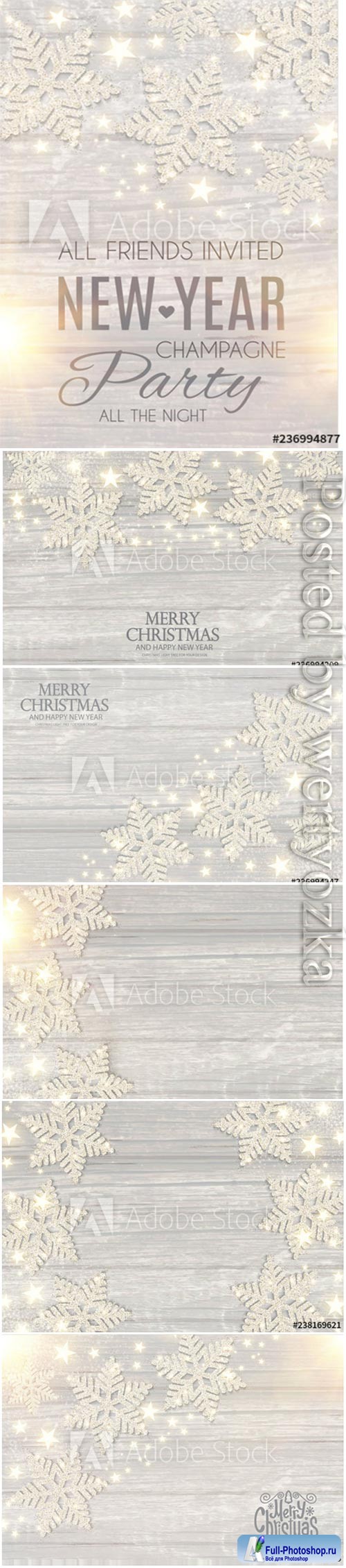 Hapy New Year vector poster with shining snowflakes on wood 