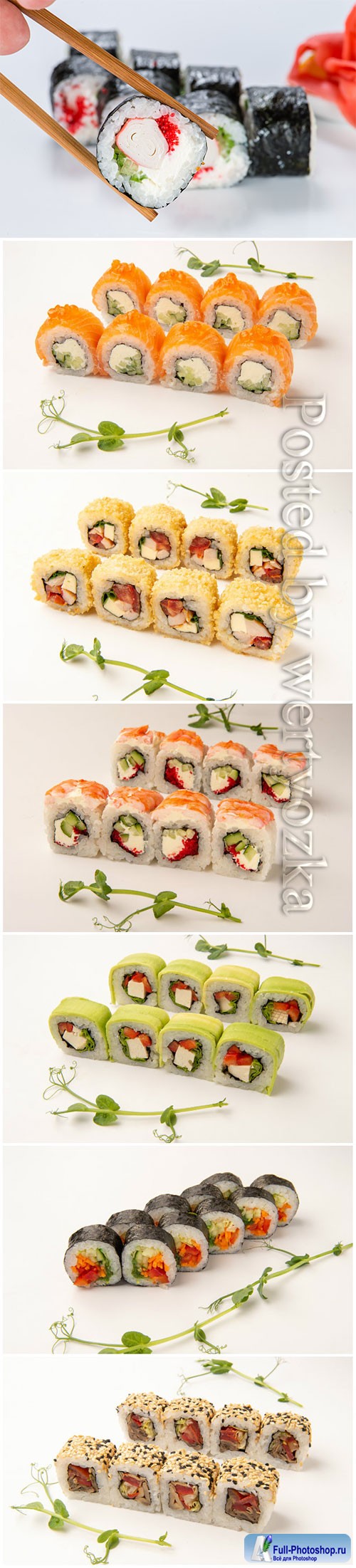 Sets of delicious fresh sushi on a white background