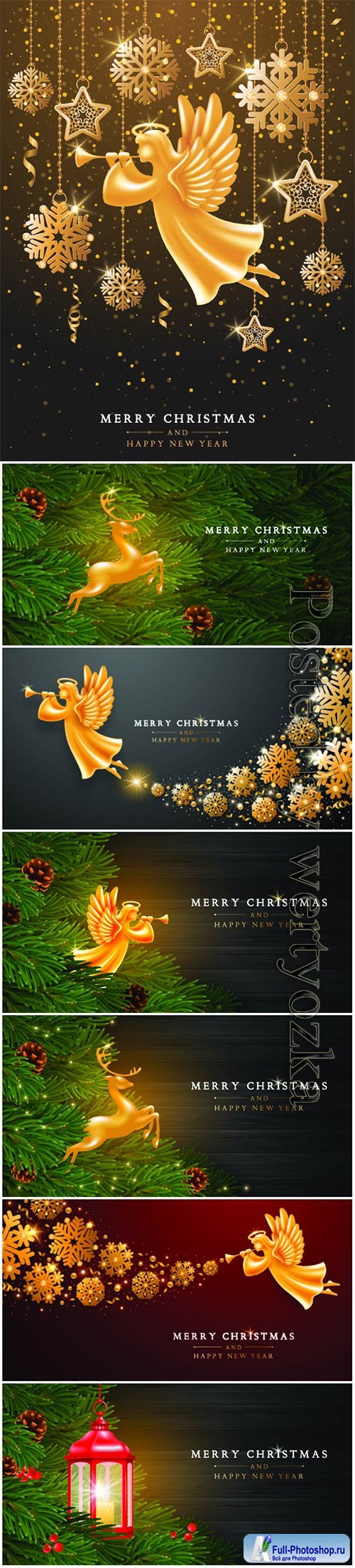 Christmas background with angels and deers in vector