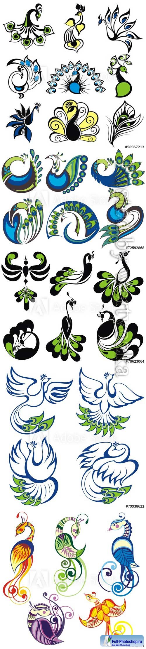 Birds icons, peacock vector birds
