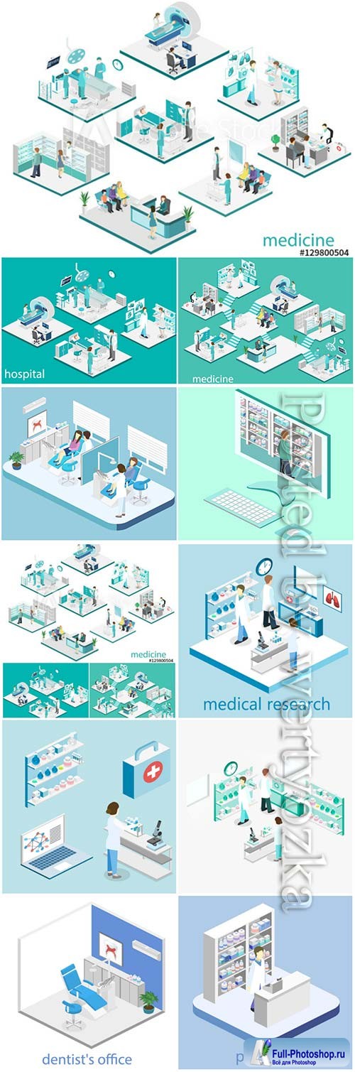 Isometric flat interior of hospital room, pharmacy, doctor's 